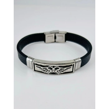 Siyah Deri / Çelik  Erkek Deri Bileklik 20 Cm  - Ebl0093