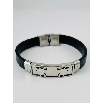 Siyah Deri / Çelik  Erkek Deri Bileklik 20 Cm  - Ebl0099