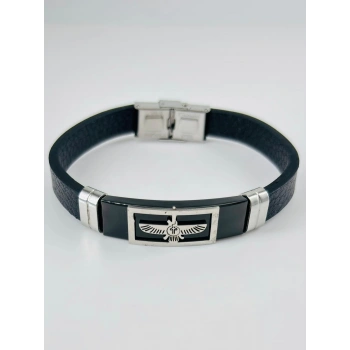 Siyah Deri / Çelik  Erkek Deri Bileklik 20 Cm  - Ebl0102