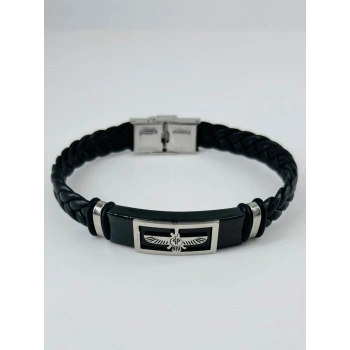 Siyah Deri / Çelik  Erkek Deri Bileklik 20 Cm  - Ebl0111