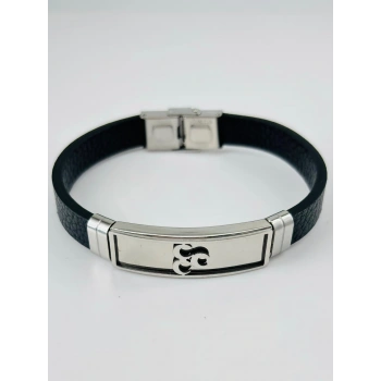 Siyah Deri / Çelik  Erkek Deri Bileklik 20 Cm  - Ebl0113