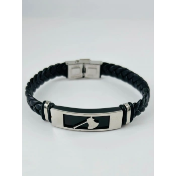 Siyah Deri / Çelik  Erkek Deri Bileklik 20 Cm  - Ebl0115