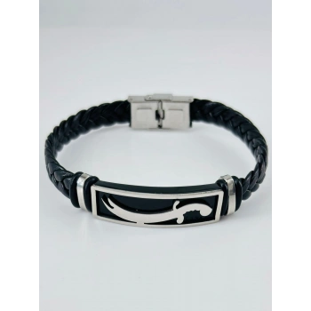 Siyah Deri / Çelik  Erkek Deri Bileklik 20 Cm  - Ebl0120