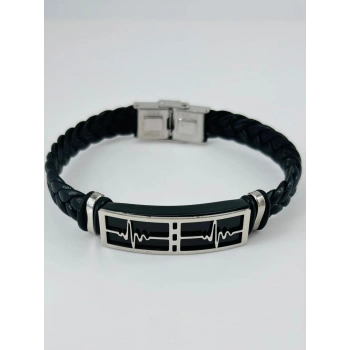 Siyah Deri / Çelik  Erkek Deri Bileklik 20 Cm  - Ebl0123