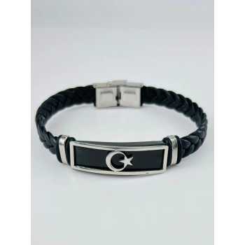 Siyah Deri / Çelik  Erkek Deri Bileklik 20 Cm  - Ebl0125