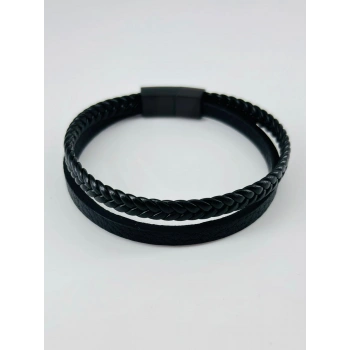Siyah Deri / Çelik  Erkek Deri Bileklik 20 Cm  - Ebl076