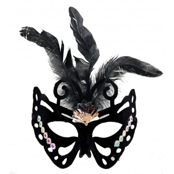 Siyah Renk Siyah Süet Kaplama Tüylü Kelebek Figür Parti Maskesi 24x18 cm (5324)
