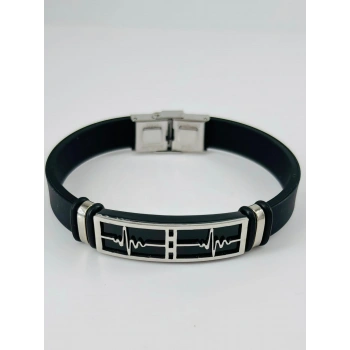 Siyah Silikon / Çelik  Erkek Deri Bileklik 20 Cm  - Ebl0118