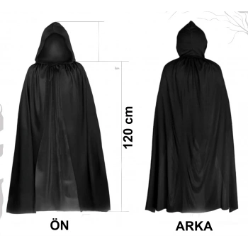 Siyah Uzun Pelerin 120 cm Kapüşonlu