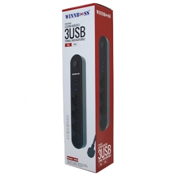TERMAL AKIM KORUMALI 4LÜ PRİZ 3XUSB 2MT ANAHTARLI UZATMA KABLO SİYAH 10A - 2500W (5324)