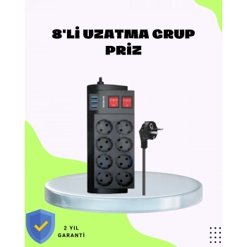 Termal Korumalı 8 Prizli 3 USB’li Uzatma Kablosu