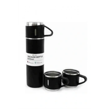 Termos Paslanmaz Çelik Termos Siyah Renk 3 Bardaklı Termos Seti