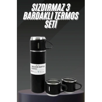 Termos Seti Paslanmaz Çelik 3 Bardaklı Vakumlu Termos Set 500 Ml 12 Saate Kadar Isı Koruma