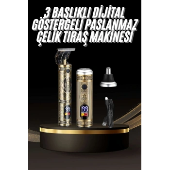 Tıraş Makinesi Pro 3 Başlıklı Dijital Göstergeli Saç Sakal Kulak Ve Burun