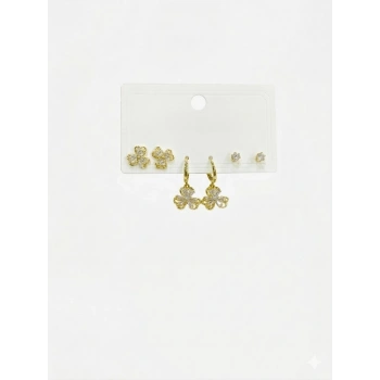 Üç Yaprak Çiçek Detaylı Altılı Küpe - Kp00559
