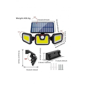 Üçlü Solar Led Projektör – Beyaz Işık – Sensörlü Dış Mekân Aydınlatma (5324)