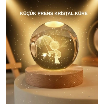 USB LED 3D Küçük Prens Kristal Küre Ahşap Standlı Gece Lambası