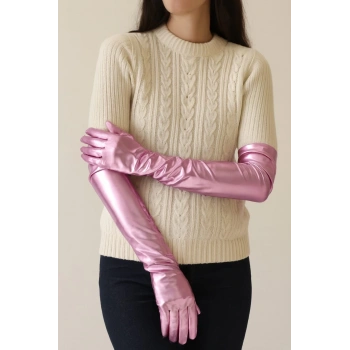 Uzun Boy Ekstra Parlak Saten Eldiven Pembe Renk