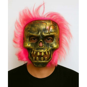Wild Skull - Bakır Kafatası Pembe Saçlı İskelet Maske (5324)
