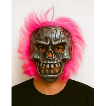 Wild Skull - Gümüş Kafatası Pembe Saçlı İskelet Maske (5324)