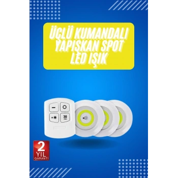 Yapışkanlı 3lü Spot Led Işık Lamba Montajsız Pilli Uzaktan Kumandalı