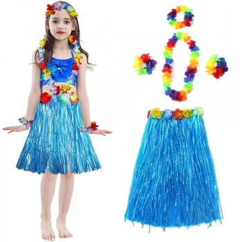 Yetişkin ve Çocuk Uyumlu Hawaii Luau Aloha Mavi Püsküllü Etek Kolye Taç ve 2 Adet Bileklik Seti (5324)