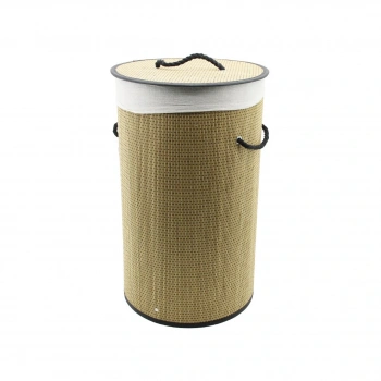YUVARLAK HASIR - AHŞAP KİRLİ ÇAMAŞIR SEPETİ 37X60CM SEYYAR KAPAKLI İÇİ BEZLİ İP KULPLU (5324)
