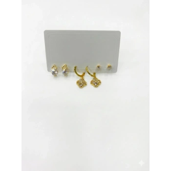   Zirkon Taşlı Pirinç Altılı  Kombin Küpe - Kp00580