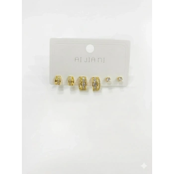   Zirkon Taşlı Pirinç Altılı  Kombin Küpe - Kp00586