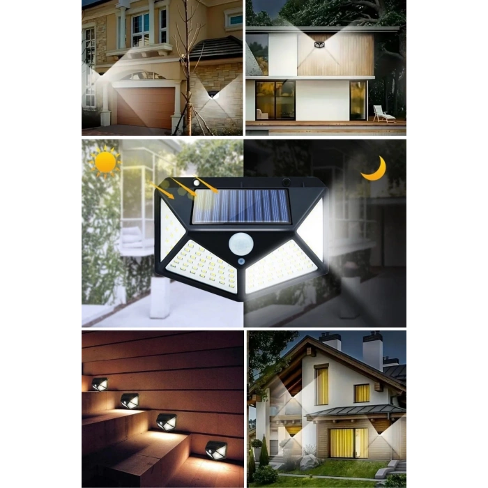 100 Ledli 3 Farklı Aydınlatma Ayarlı Solar Güneş Enerjili Hareket Sensörlü Bahçe Duvar ası