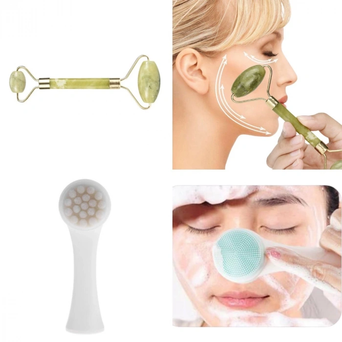 2'li Set Çift Taraflı Cilt Temizleme Fırçası ve Yeşim Taşı Çift Taraflı Cilt Masaj Aleti (5047)