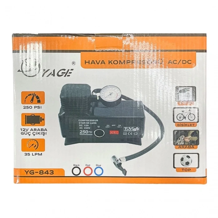 220 Volt-12 Volt 250 Psi Kompresör Lastik Hava Şişirme Oto Pompası Fişli Ve Çakmaklı Yage-843 (5047)