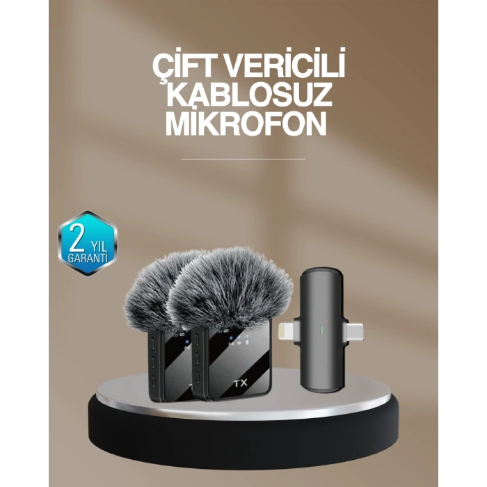 Mey İthalat® 2’li Kablosuz Yaka Mikrofonu Type-C ve Lightning Uyumlu Profesyonel Set