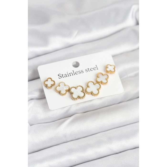 Mey İthalat® 316L Çelik Gold Beyaz Renk 3 Boy Yonca Küpe Seti
