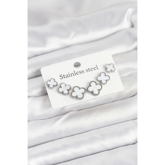 Mey İthalat® 316L Çelik Gümüş Beyaz Renk 3 Boy Yonca Küpe Seti