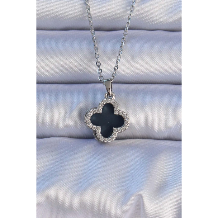 Mey İthalat® 316L Çelik Gümüş Renk Siyah Mineli Zirkon Taşlı Yonca Figürlü Kolye