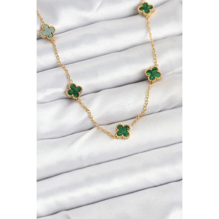 316L Çelik Zincir Gold Renk Yeşil Baby Boy Yonca Kadın Kolye