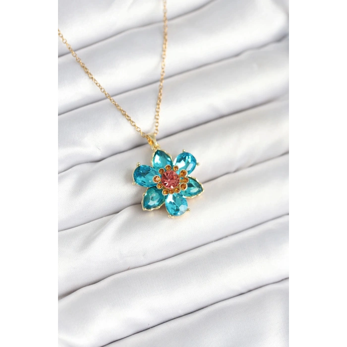 316L Çelik Zincirli Mavi Çiçek Model Kadın Kolye
