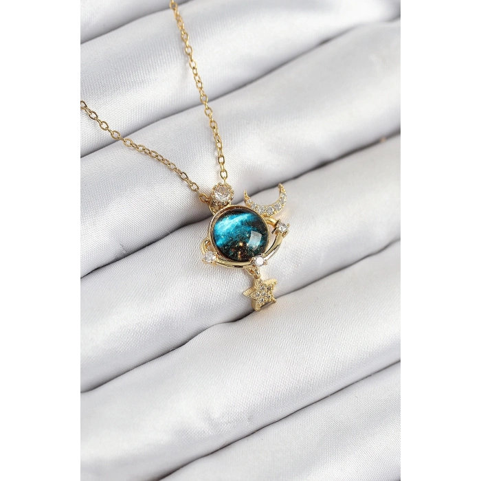316L Çelik Zirkon Taşlı Gezegen Model Gold Renk Kadın Kolye