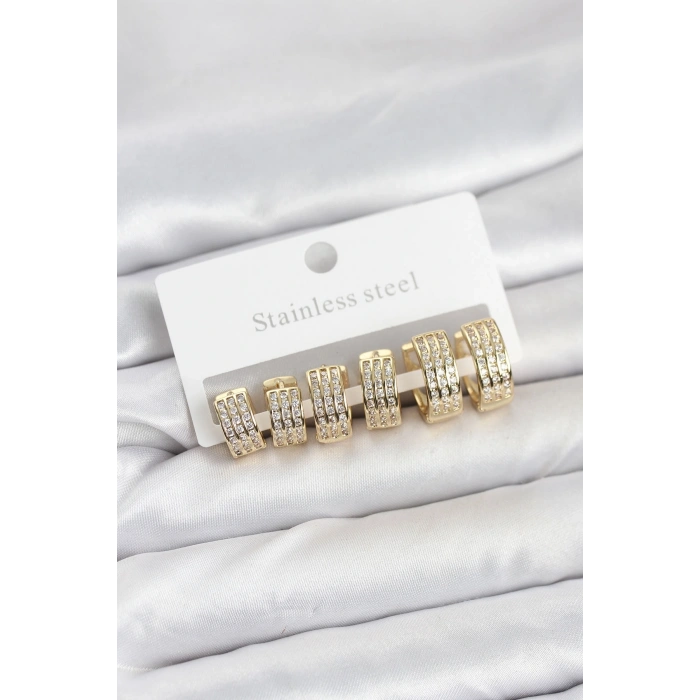 Mey İthalat® 316L Çelik Zirkon Taşlı Gold Halka Küpe Seti