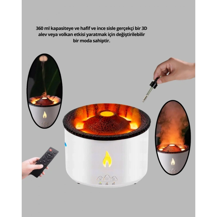 Mey İthalat® 3D Alev Işıklı Aromaterapi Makinesi – 360 ml Su Kapasiteli Sessiz Difüzör