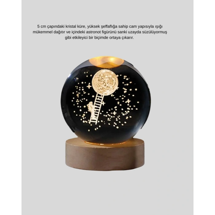 Mey İthalat® 3D Astronot Kristal Küre Gece Lambası USB Ahşap Standlı Dekoratif Işık