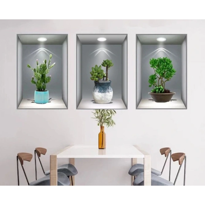 3D Çiçek Vazo Duvar Sticker 3 lü Set GRİ Fon (5047)