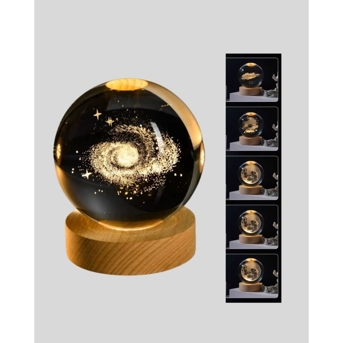 Mey İthalat® 3D Lazer İşlemeli Galaksi Küre USB LED Ahşap Standlı Oda Gece Lambası