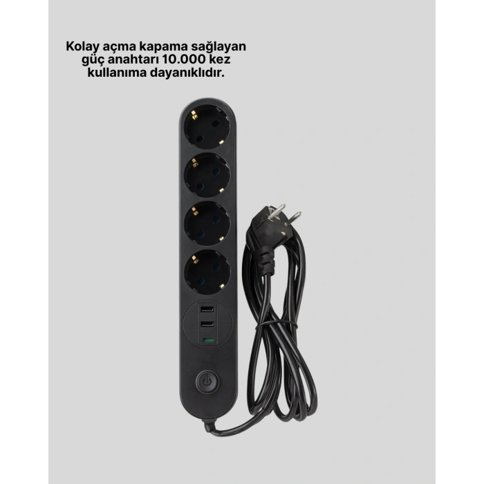 Mey İthalat® 4’lü Çoklu Priz 2 USB Type-C Girişli Akım Korumalı Siyah