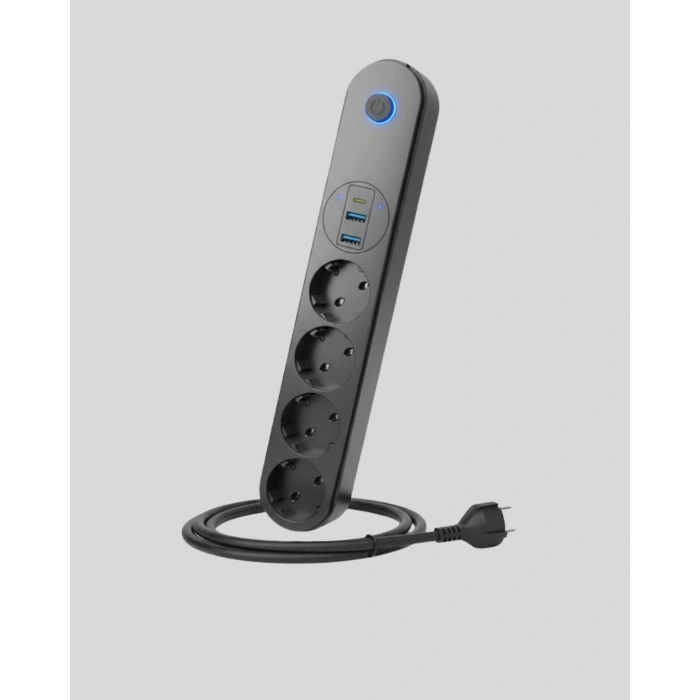 Mey İthalat® 4’lü Çoklu Priz 2 USB Type-C Girişli Akım Korumalı Siyah