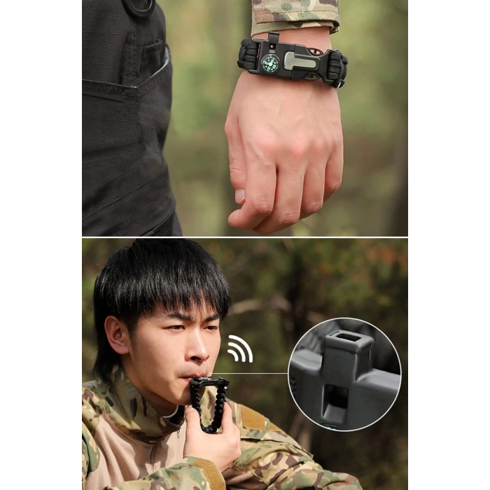 5i 1 Arada Çok Fonksiyonlu Hayatta Kalma Bilekliği Pusula, Düdük, Çakmak Taşı ve Şemsiye İpi Bileklik