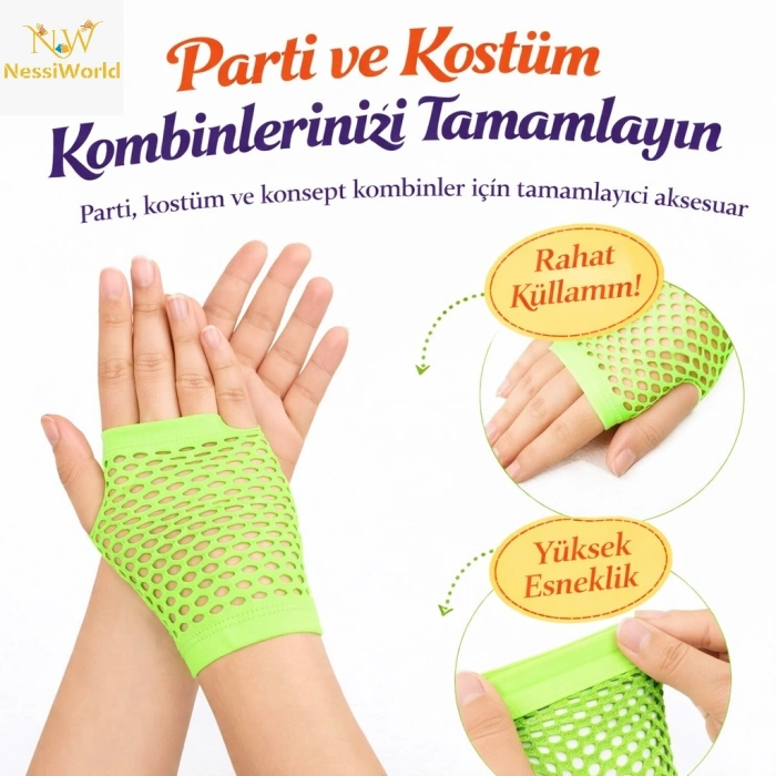 Mey İthalat® 80’ler 90’lar Retro Neon Yeşil File Parmaksız Kısa Eldiven 11 cm