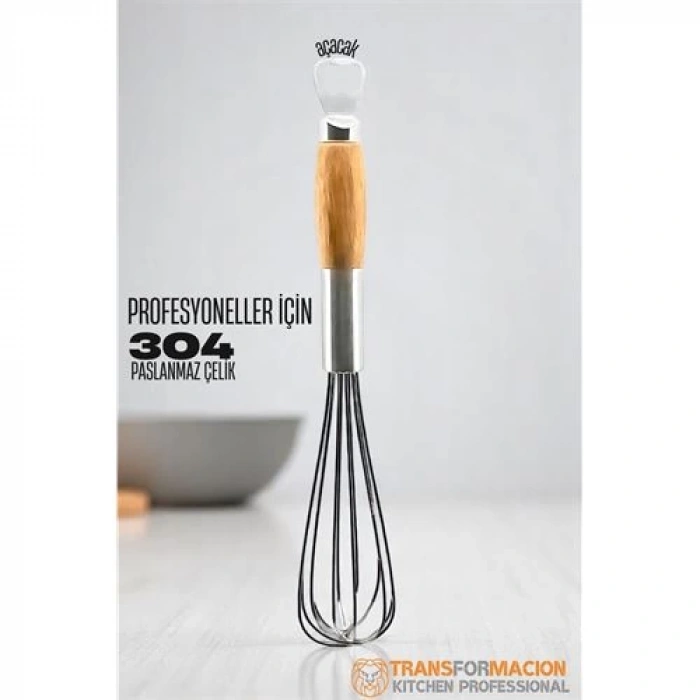 Ahşap Saplı Açacaklı Çırpıcı 304 Paslanmaz Çelik Yumurta ve Sos Çırpıcı Çırpma Teli
