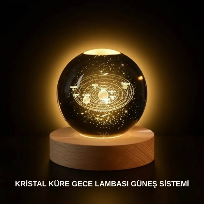 Mey İthalat® Ahşap Standlı LED Kristal Küre Lazer İşlemeli Dekoratif Obje